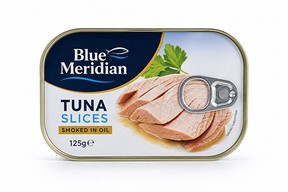 Blue Meridian Tuna Slices Smoked In Oil 125g, a tin of smoked tuna slices in oil