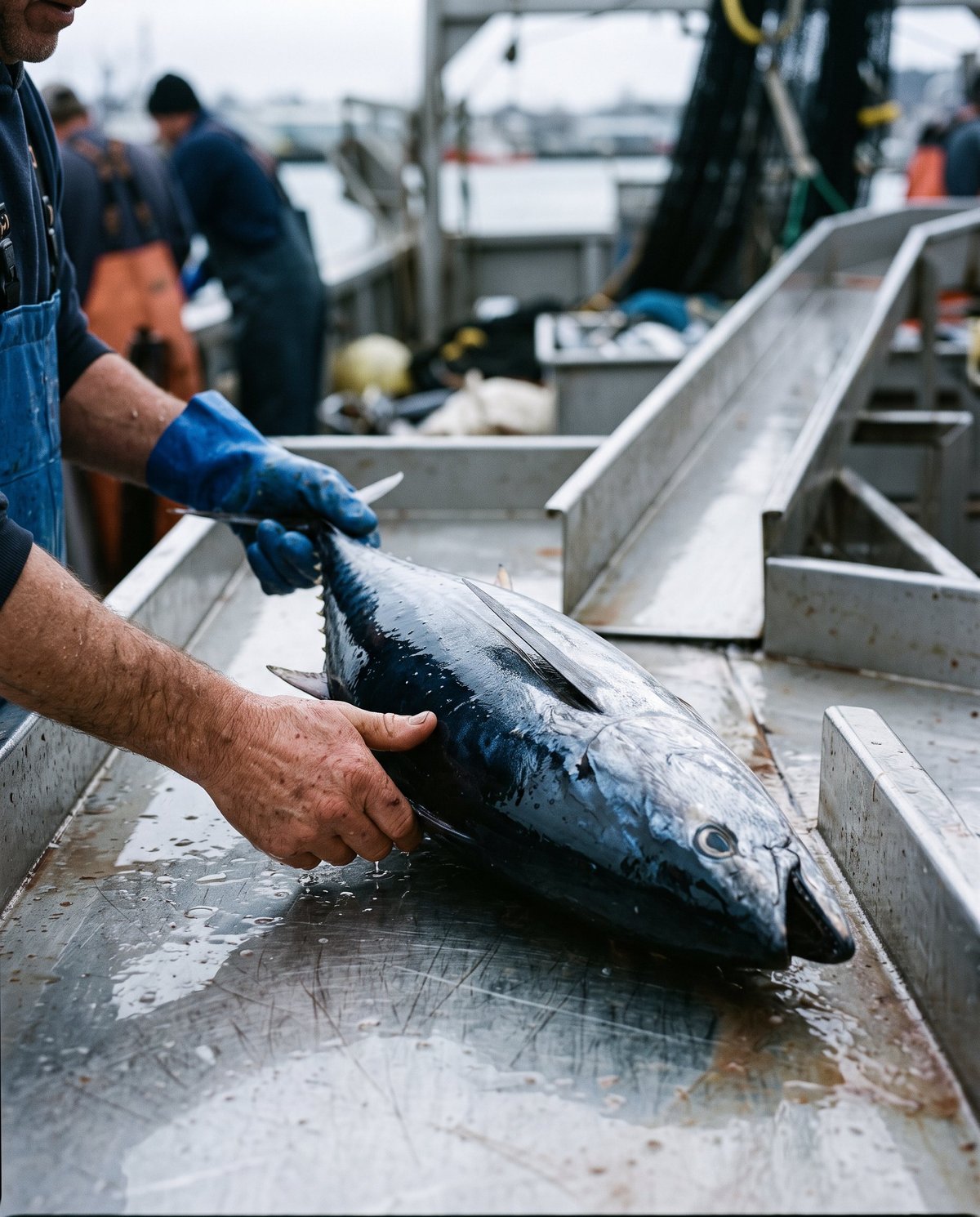 Crew handling a single skipjack tuna on a wet steel deck