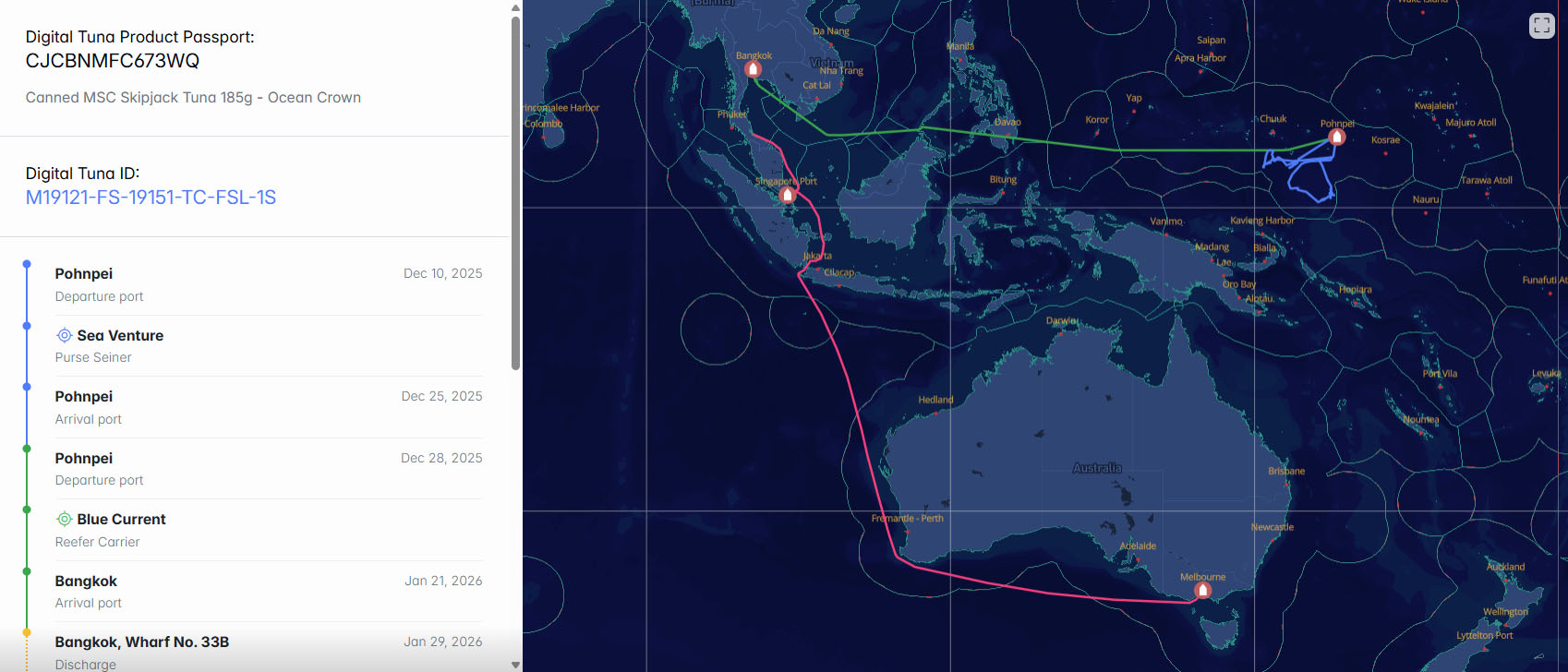 SmarTuna chain-of-custody map tracing a canned skipjack consignment from Pohnpei by purse seiner and reefer carrier through to Bangkok