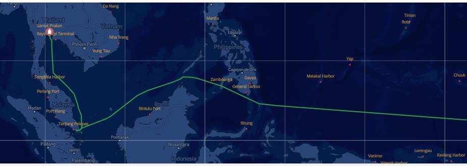 AIS track for RONALD BIDEN from Tarawa Atoll through the Philippines and Malaysia to Samut Prakan