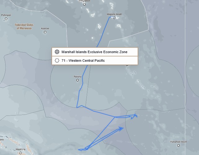Track for AFRICAN QUEEN plotted across the Marshall Islands Exclusive Economic Zone and FAO area 71, Western Central Pacific